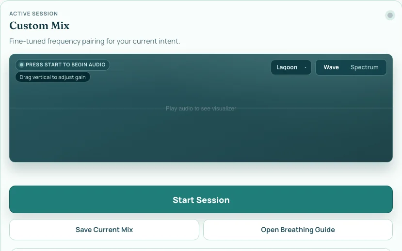 Active session area with visualizer and one-tap start control.