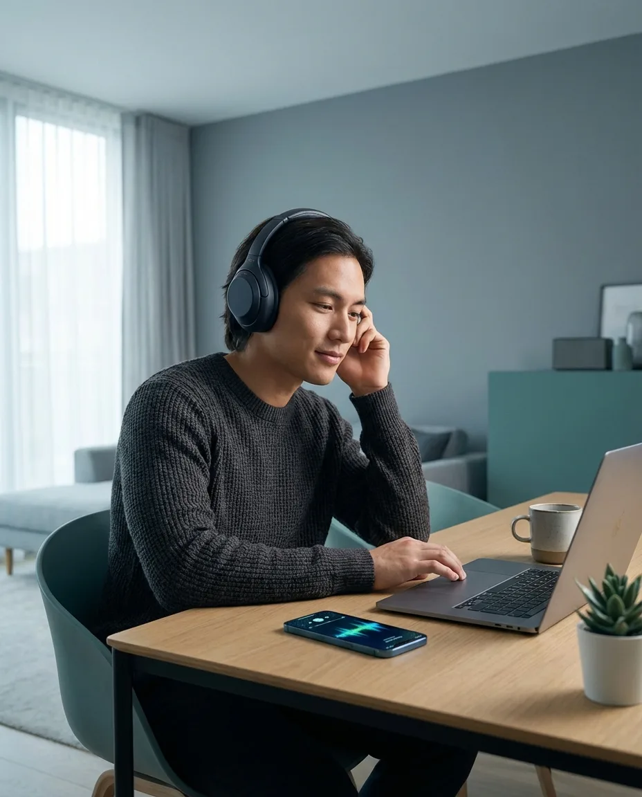 Person wearing headphones and using BinauralFlow on a laptop in a calm workspace.