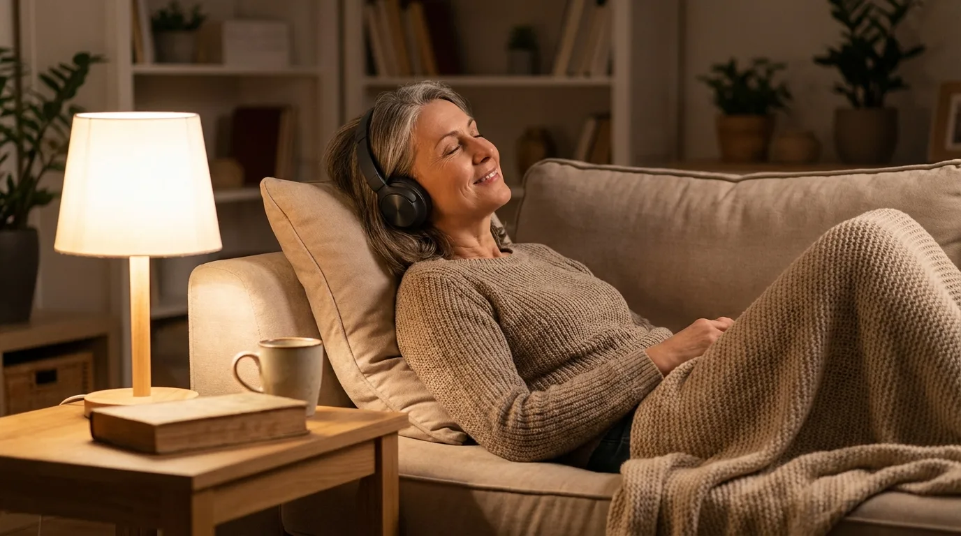 User winding down in the evening on a couch with headphones and warm lighting.