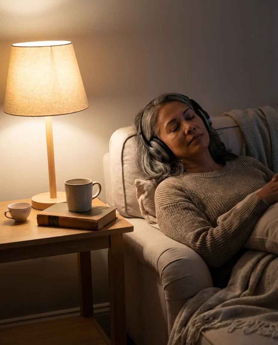 User easing into evening wind-down with headphones in a softly lit room.