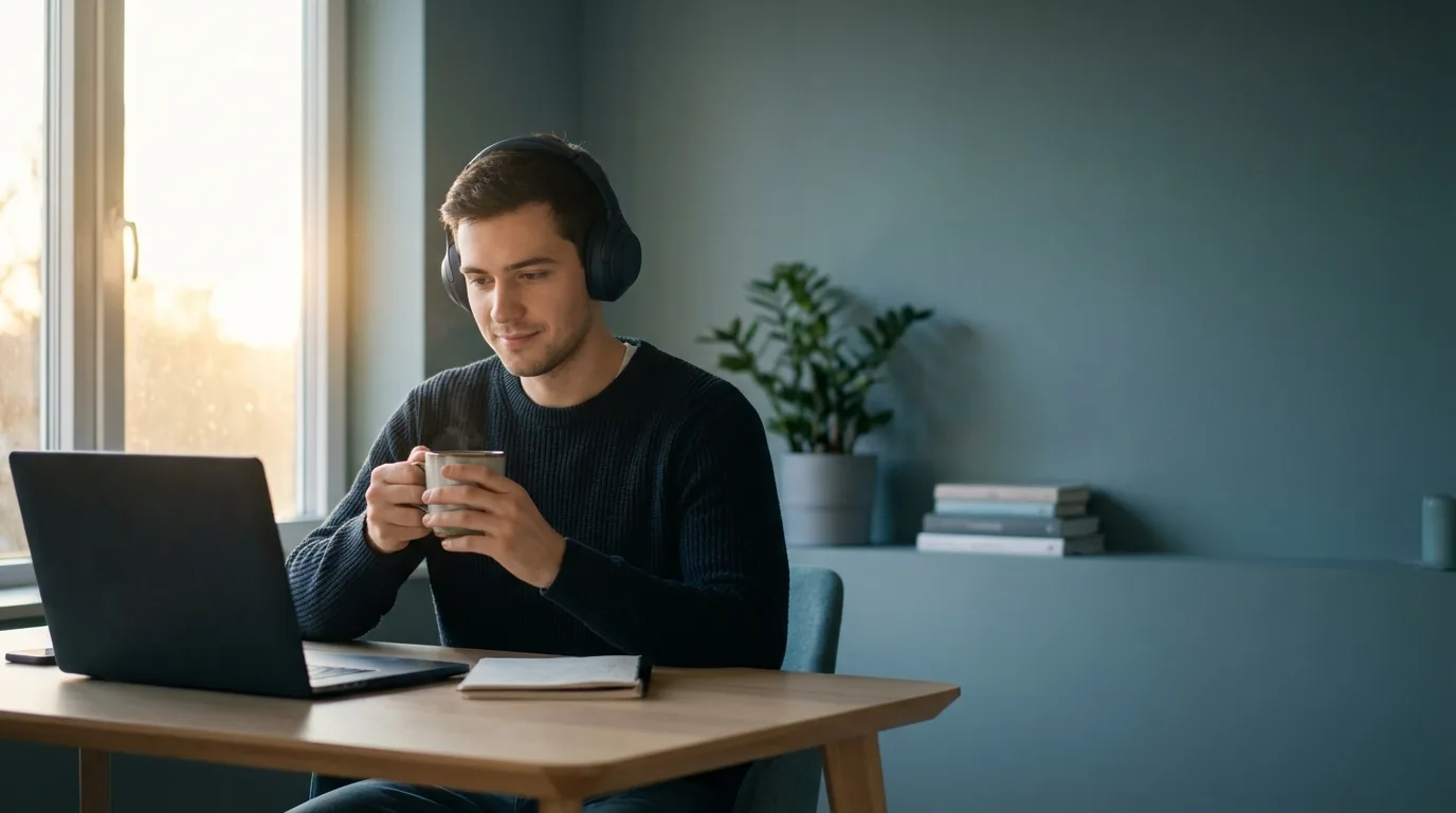 User preparing for a focused work block by a bright window with headphones.