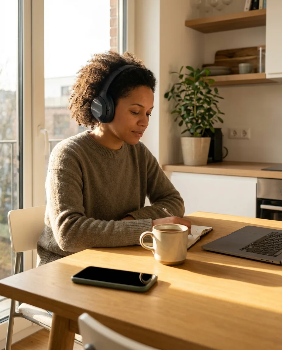 Person in headphones starting a focused morning session while planning at a kitchen table.
