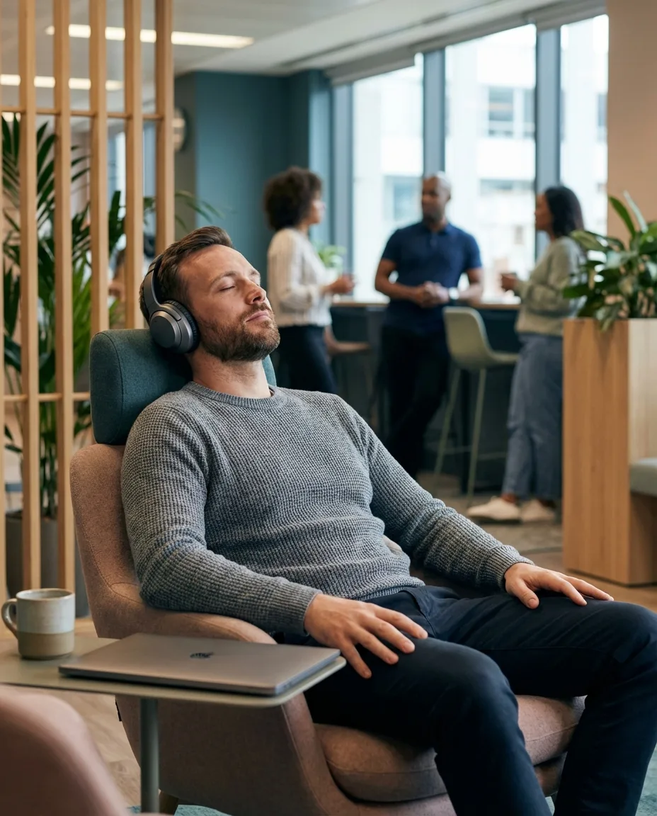 Person in headphones beginning a calm first session while seated in an office lounge.