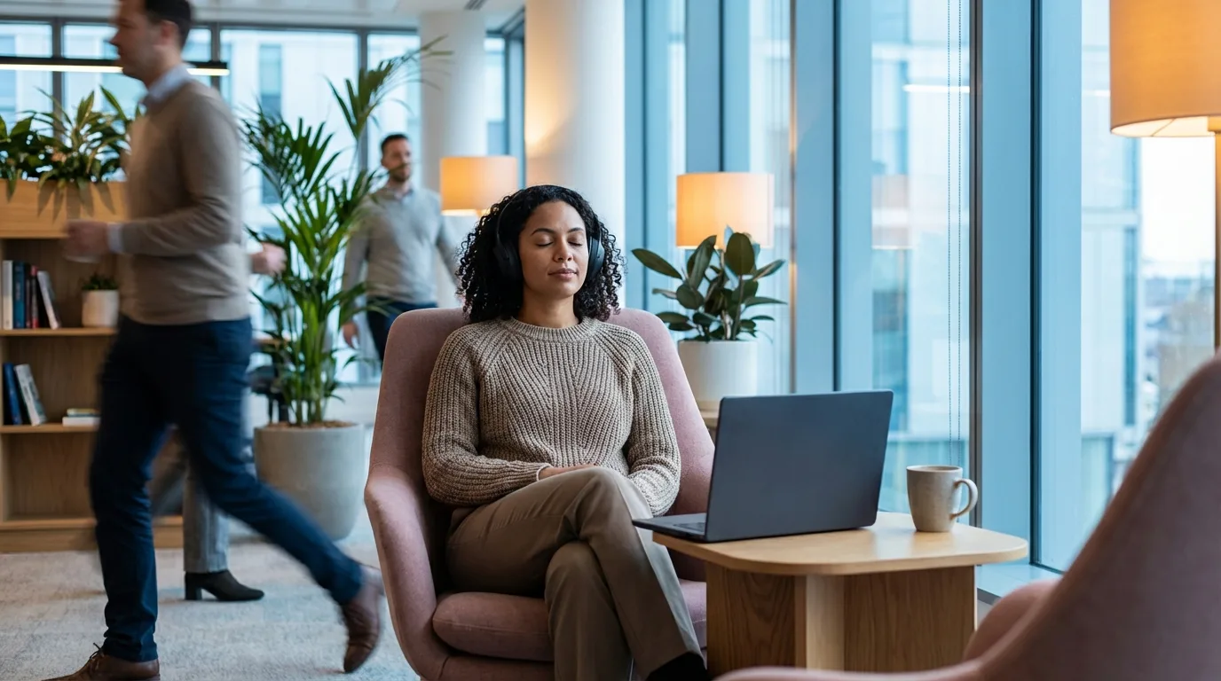 User taking a midday reset with headphones in a busy office lounge.