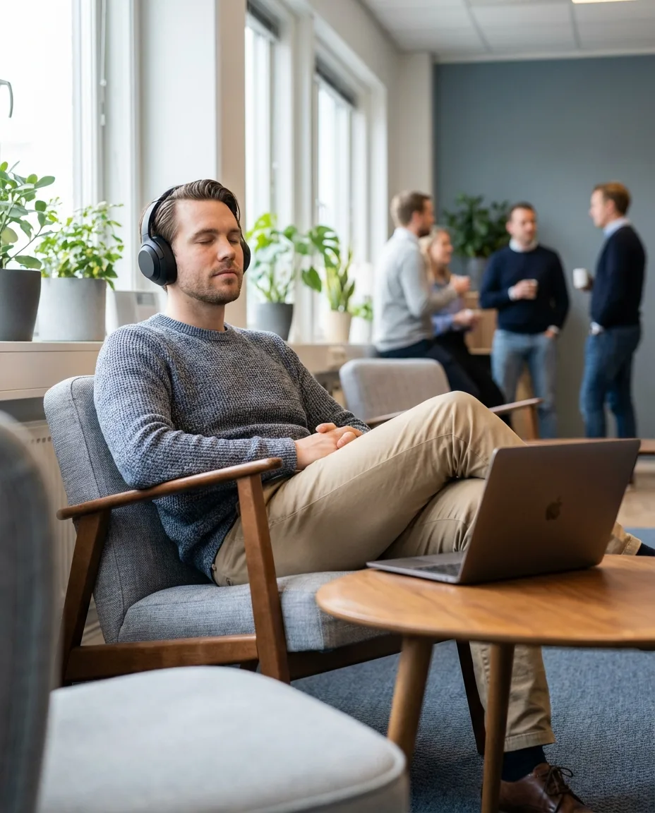 Professional taking a short midday reset with headphones while seated in a lounge area.