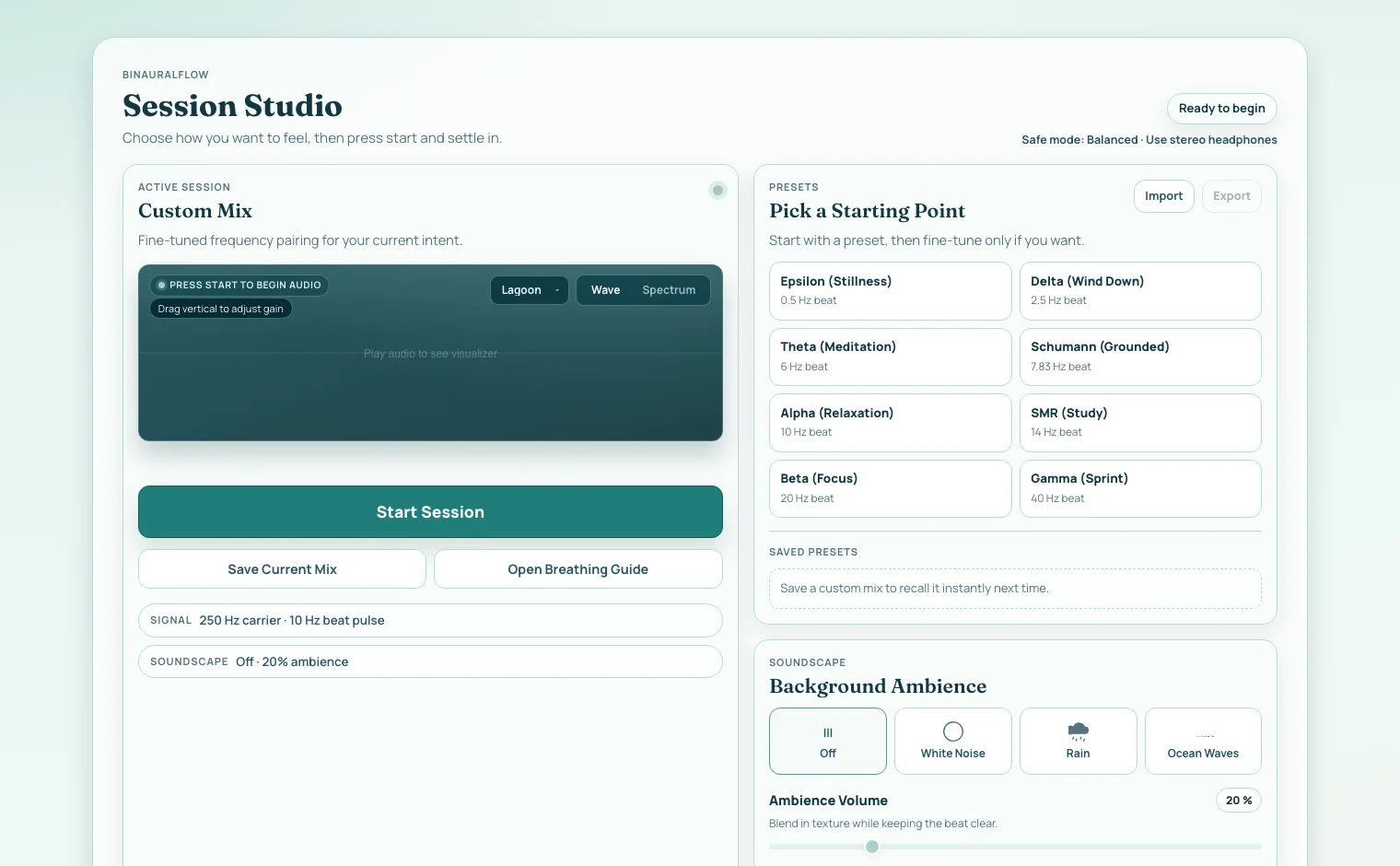 BinauralFlow session studio interface showing active session, starting presets, and comfort controls.